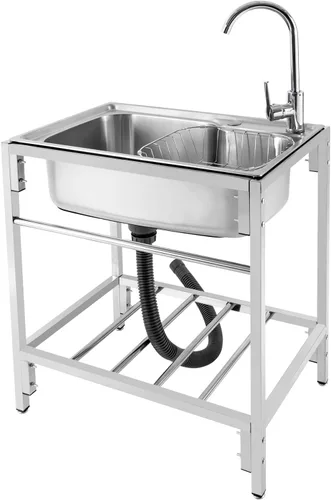Miniatura 11 de Fregadero utilitario independiente de cocina de un solo tazón con grifo, fregadero de acero inoxidable con moldeado integrado para lavadero, baño