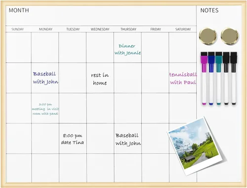 Pizarra de calendario mensual magnética, 17'' x 13'' calendario de borrado en seco para pared, oficina, escuela, hogar, marco de madera dorado