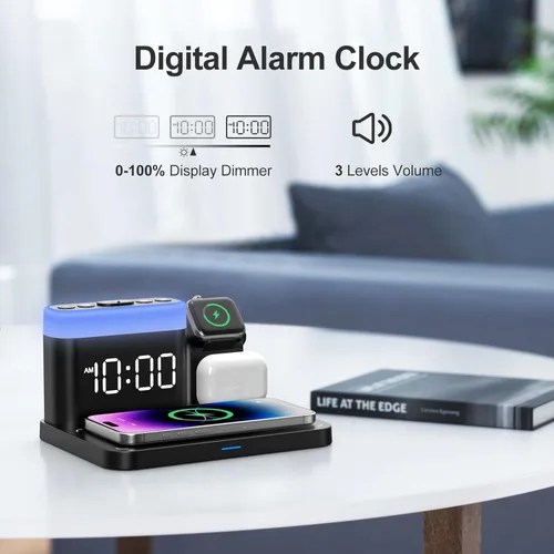 Miniatura 7 de ANJANK Estación de carga inalámbrica, soporte de cargador múltiple 5 en 1 con reloj despertador, 7 luces nocturnas, base de carga Mag-Safe para Negro