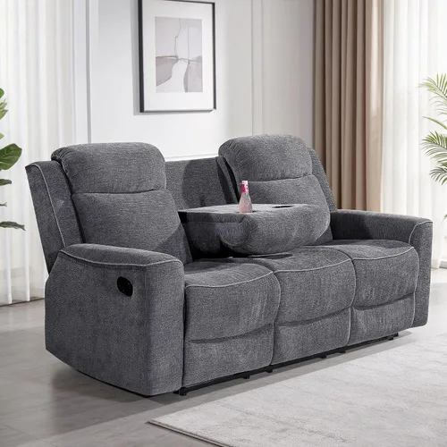 Miniatura 12 de Betsy Furniture Juego de sofá reclinable manual de microfibra suave, sofá con mesa desplegable, dos sillones reclinables, gris carbón 9111