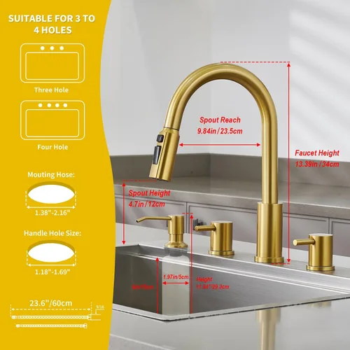 Miniatura 6 de Tohlar Grifo de cocina de 4 agujeros, grifo de cocina dorado cepillado con dispensador de jabón y rociador extraíble, 3 modos, grifo de fregadero