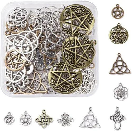 Miniatura 2 de SUNNYCLUE 1 caja de 60 piezas de 10 estilos de dijes de nudo celta pagano chino Trinidad nudo flor de la vida chakras estilo tibetano colgantes