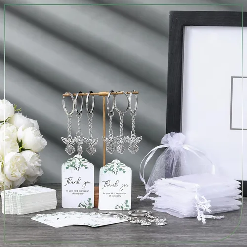 Miniatura 4 de Hicarer Juego de 180 piezas de regalos fúnebres de agradecimiento, 60 piezas de dijes de ángel, llavero de ángel, 60 bolsas de organza blanca, 60