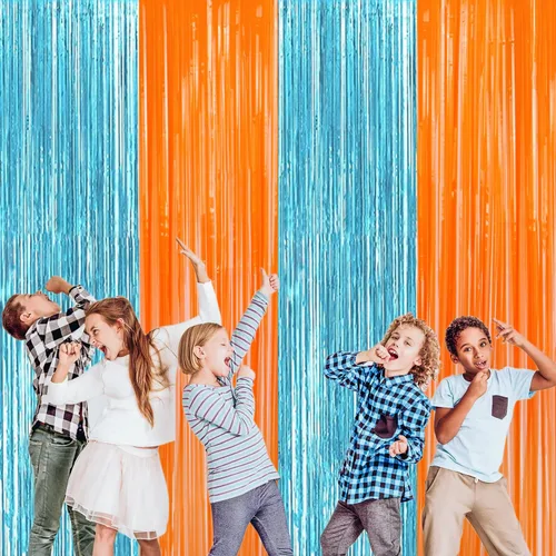 Miniatura 5 de Paquete de 2 cortinas de flecos metálicos de aluminio azul y naranja para decoraciones de fiesta, cortina de fondo azul y naranja para fiesta