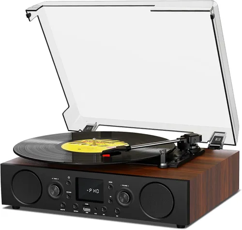 Tocadiscos de vinilo con altavoz integrado, tocadiscos Bluetooth con grabación USB, reproductor de discos vintage de 3 velocidades con recepción