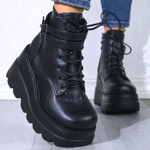 Miniatura 4 de UOQAPRE Botas de combate de tacón alto para mujer, con puntera cuadrada, con cordones, botines de plataforma gruesa con plataforma gruesa