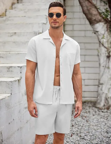 Miniatura 3 de COOFANDY Conjunto de 2 piezas para hombre, camisas de manga corta con botones, trajes casuales de playa