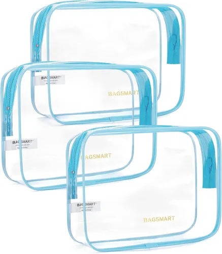 BAGSMART Bolsa de artículos de tocador transparente, paquete de 3 bolsas de aseo aprobadas por la TSA, bolsa de tamaño de cuarto de galón, Azul Azul