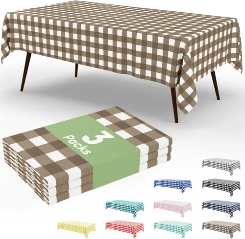 Miniatura 62 de Smiry Paquete de 3 Manteles Desechables de Cuadros Gingham Color Caqui - 54" x 72" Mantel de Plástico de Servicio Pesado, Cubiertas de Mesa