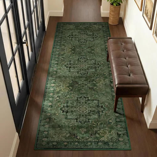 Miniatura 40 de Alfombra de pasillo profundo azul 2x8, alfombra de pasillo lavable antideslizante para entrada interior, alfombra de medallón vintage de 0.27