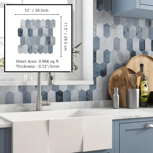 Miniatura 2 de The Tiles Plaza Protector Contra Salpicaduras de 10 Hojas para Despegar y Pegar, 12" x 11.5" Azulejo Autoadhesivo de Pared Hexagonal Largo