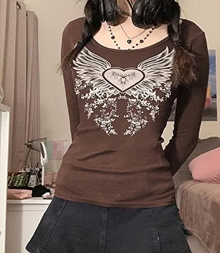 Miniatura 2 de Harajuku Aesthetic Floral Long Sleeve Crop Tops V Neck Retro Gothic Y2K T Shirts Vintage Autumn Fall Winter Streetwear