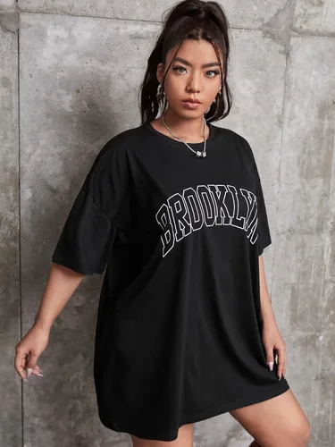 Miniatura 3 de Verdusa Camiseta de gran tamaño con estampado de letras y hombros caídos para mujer