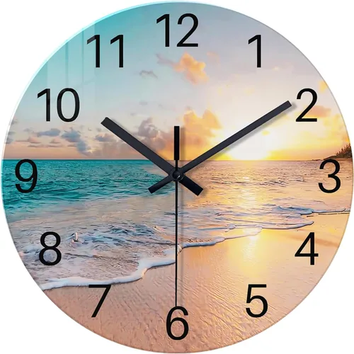 Miniatura 14 de Reloj de pared de playa con pilas, reloj de pared de vidrio de 12 pulgadas, analógico, sin tictac, relojes de pared azules para dormitorio, sala