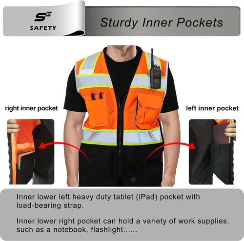 Miniatura 4 de sesafety Chaleco de seguridad con 9 bolsillos, chaleco reflectante de alta visibilidad, chaleco de seguridad, chaleco de trabajo para hombre