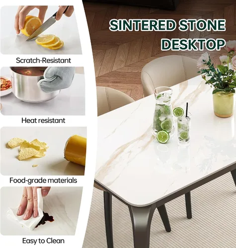 Miniatura 4 de Mesa de comedor, mesa de cocina de piedra sinterizada, mesa rectangular moderna de pizarra blanca de 55 pulgadas con patas de metal, mesa de comedor