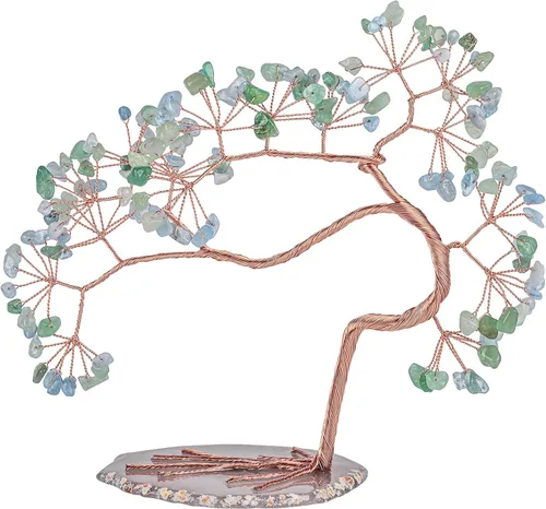 Miniatura 8 de rockcloud Árbol de dinero de cristal aguamarina con base de ágata, árbol bonsái de Feng Shui de la suerte para decoración de oficina y hogar