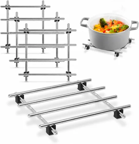Miniatura 10 de Juego de 2 salvamanteles de metal para platos calientes, juego de salvamanteles de acero inoxidable, 7 x 7 pulgadas, resistente al calor y al óxido