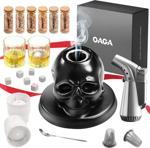 Kit de ahumador de whisky con antorcha – Calavera de cerámica a la antigua, bourbon y cóctel – Regalos únicos para el día de San Valentín para NEGRO