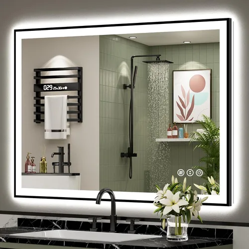 Miniatura 106 de 24x30 Espejo de baño LED con marco negro con luces, retroiluminado + iluminación frontal, espejo de tocador iluminado antivaho para pared de baño