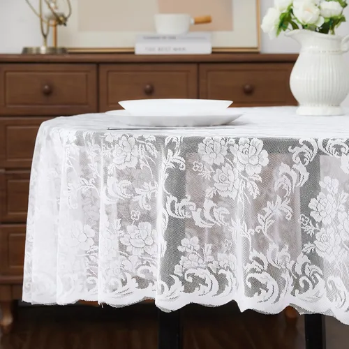 Miniatura 2 de ASATEX Mantel redondo de encaje blanco de 70 pulgadas. El patrón floral clásico y elegante es la elección ideal para cualquier comedor de lujo