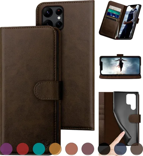 Miniatura 15 de DuckSky Funda tipo cartera de cuero genuino para Samsung Galaxy S22 Ultra 【Bloqueo RFID】【4 tarjeteros de crédito】【Cuero auténtico】 Funda protectora