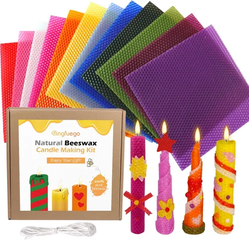 Bingfuego Kit de fabricación de velas de cera de abeja para niños, 12 hojas para enrollar, color natural brillante (8 x 8 pulgadas)
