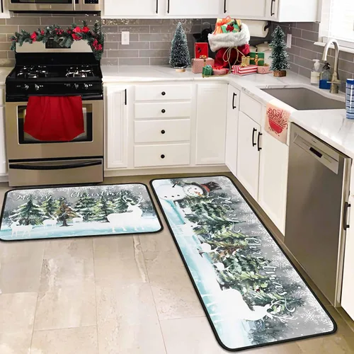 Miniatura 5 de Juego de 2 tapetes de cocina verdes de Navidad, decoración de Navidad antideslizante, ciervo, muñeco de nieve, alfombras de cocina de invierno