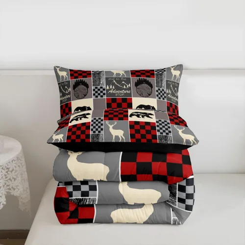 Miniatura 115 de Juego de edredón de oso y ciervo, tamaño individual, ropa de cama de animales salvajes de caza, colcha rústica de cabaña, casa de campo, cuadros