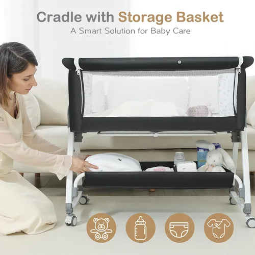 Miniatura 7 de Cuna para bebé, moisés junto a la cama, cuna de 4 en 1 con ruedas con cerradura, mosquitera, cuna portátil plegable ajustable para recién nacido