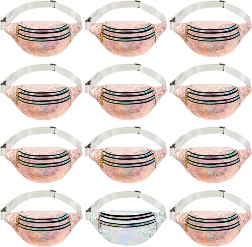 Paquete de 12 riñoneras holográficas deportivas, impermeables, con lentejuelas, para mujeres, hombres, viajes, festivales, correr, senderismo,
