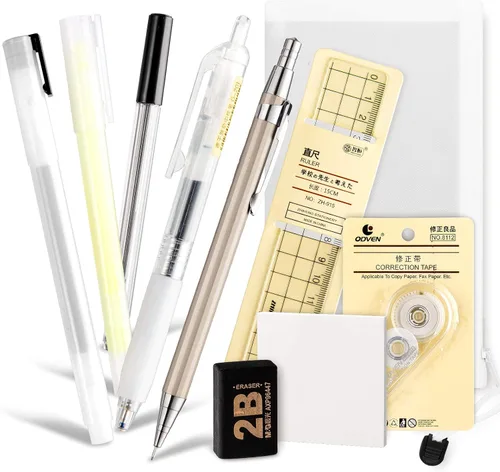 Whaline Juego de papelería de estilo japonés de 10 piezas, bolígrafo de gel, lápiz mecánico, recambios de plomo, cinta de corrección, notas