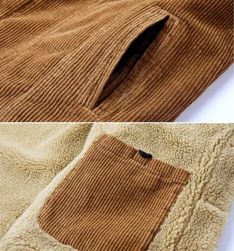 Miniatura 6 de Chaqueta de pana para hombre, abrigo de vaquero cálido con cuello de piel