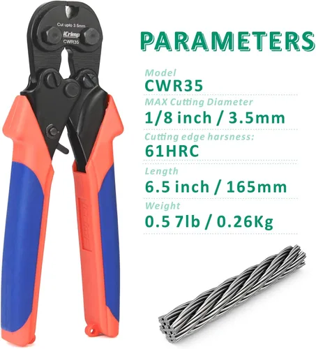 Miniatura 2 de iCrimp Cortador de cuerda de alambre de trinquete de 0.138 in con hoja endurecida 61 HRC para cables de bicicleta, aviones, cobre y piano, CWR35
