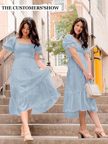 Miniatura 6 de MEROKEETY - Vestido de verano con lunares suizos para mujer vestido midi con cuello cuadrado, mangas abombadas, volados, lazo en la espalda