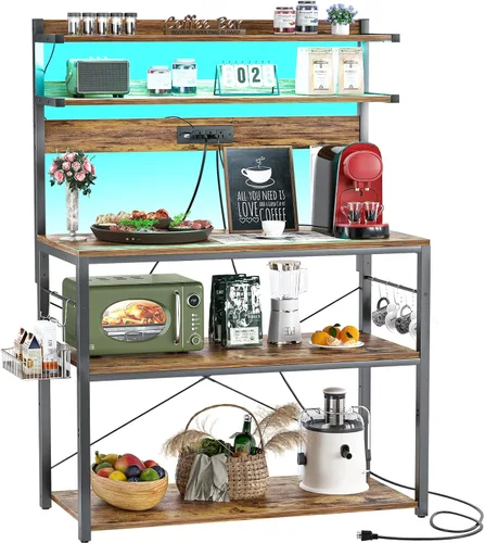 Miniatura 14 de Aheaplus - Estantería de cocina con toma de corriente, soporte para microondas, estación de café de 5 niveles con luces LED, estante