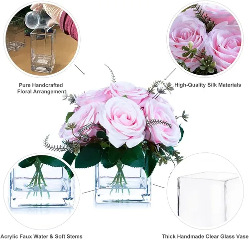 Miniatura 2 de ENOVA FLORAL Flores artificiales de seda de 9 cabezas en jarrón, arreglo de flores artificiales de rosa rosa en jarrón con agua sintética