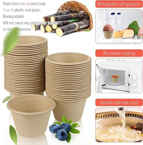 Miniatura 5 de 200 cuencos de papel biodegradables naturales de caña de azúcar de 4 onzas, cuencos de papel compostables para ensalada, sopa caliente, pasta