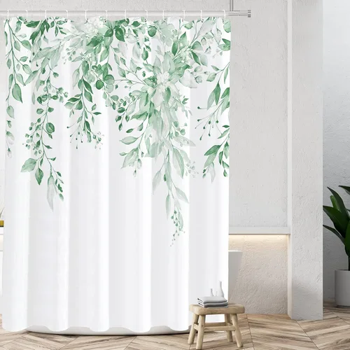 Miniatura 27 de Tititex Spun Sugar - Juego de cortinas de ducha de eucalipto azul claro, hojas de acuarela brillantes en la parte superior, decoración floral
