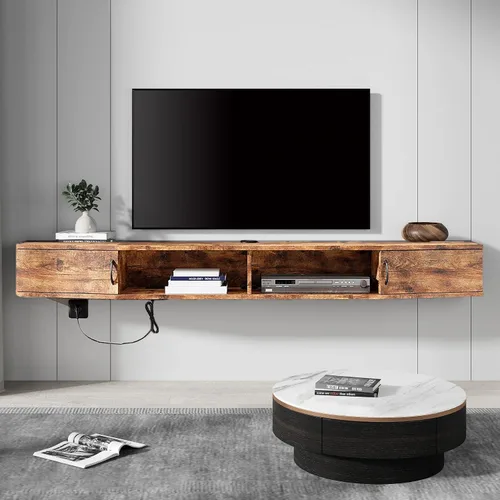 Miniatura 2 de WAMPAT Estante flotante de TV de 70 pulgadas con estación de carga, soporte de TV montado en la pared, soporte de consola multimedia con gabinete