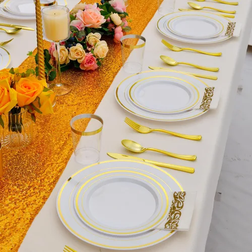 Miniatura 7 de Juego de vajilla de oro de 175 piezas para 25 invitados, platos desechables de plástico blanco con borde dorado resistentes para fiesta y boda