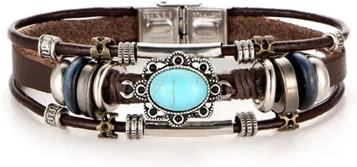 Miniatura 3 de Pulsera de cuero con incrustaciones de turquesa para mujer, pulsera de cuero punk creativa, retro, ovalada, viento, Navidad, cumpleaños, joyería