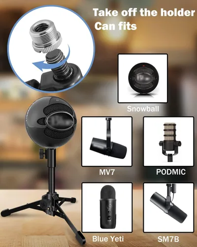 Miniatura 4 de Soporte de Micrófono de Escritorio Portátil Trípode Plegable con Soporte de Clip de Micrófono y Tornillo Macho de 5/8 Pulgadas a Hembra de 3/8