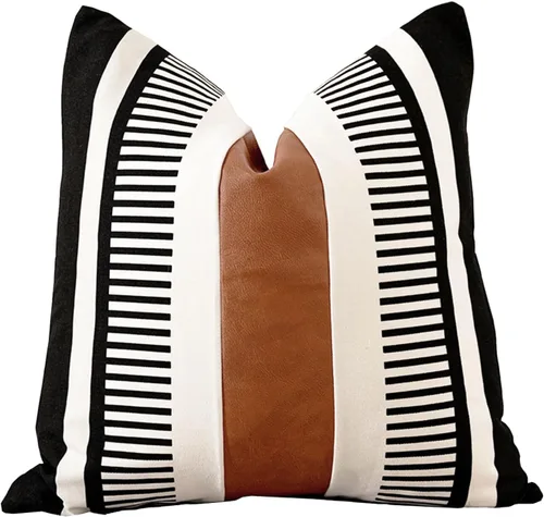 Miniatura 18 de Funda de almohada bohemia de color blanco y negro con piel, funda de cojín moderna de 22 x 22 pulgadas, funda de almohada de rayas estilo campestre