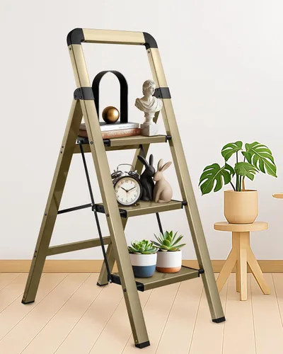 Miniatura 4 de Escalera plegable de 3 peldaños con acabado dorado champán, trípode antideslizante, máximo 330 libras