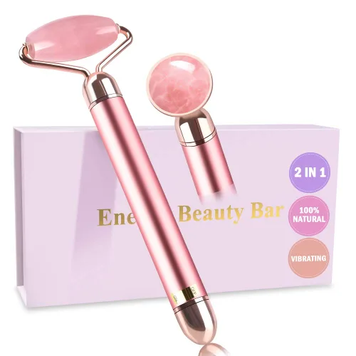 Rodillo masajeador facial de jade vibratorio 2 en 1, rodillo facial eléctrico de cuarzo rosa para presionar el aceite de crema para la piel para