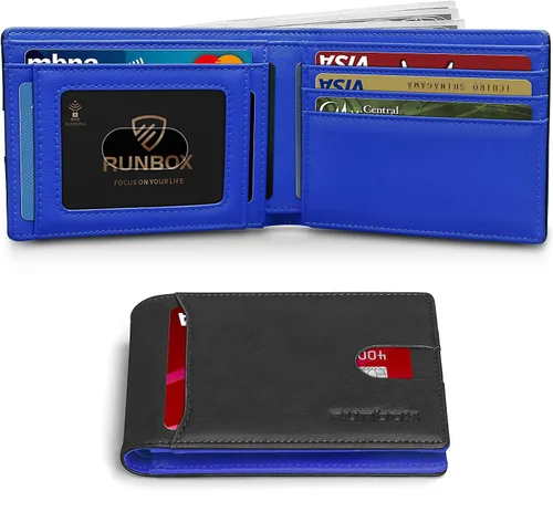 RUNBOX Cartera delgada para hombre, 11 ranuras para tarjetas de crédito, de cuero, con bloqueo RFID, pequeña, delgada, plegable, minimalista,