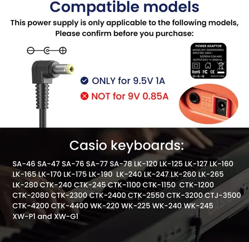 Miniatura 2 de Adaptador de 9.5V AC/DC para teclado Casio AD-E95100LU Cargador de fuente de alimentación SA-46 SA-47 LK-125 LK-127 CTK-240 CTK-245 CTK-1100