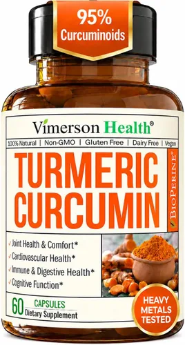 Suplemento dietario a base de cúrcuma y curcumina con bioperine para aliviar del dolor en las articulaciones, con efecto antinflamatorio,