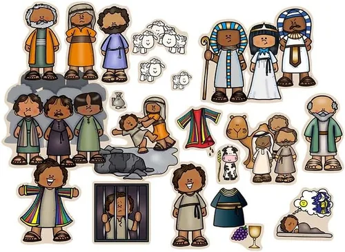 Joseph - Figuras de fieltro para historias de franela de la Biblia, historias del Antiguo Testamento, capa de muchos colores, página para colorear